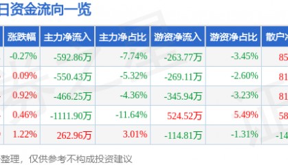 股票行情快报：三江购物（601116）8月22日主力资金净卖出592.86万元