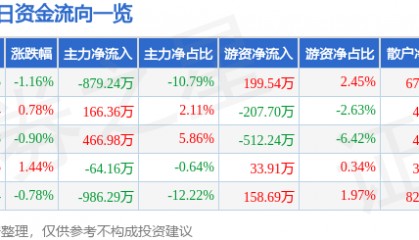 股票行情快报：金陵饭店（601007）7月29日主力资金净卖出879.24万元