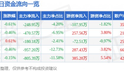 股票行情快报：大连热电（600719）7月23日主力资金净卖出248.95万元