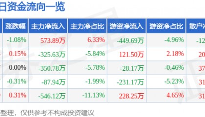 股票行情快报：大连热电（600719）8月27日主力资金净买入573.89万元