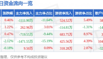 股票行情快报：三江购物（601116）8月19日主力资金净卖出1111.90万元