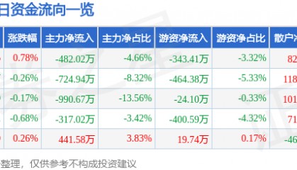 股票行情快报：三江购物（601116）7月30日主力资金净卖出482.02万元