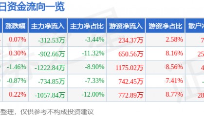股票行情快报：安洁科技（002635）8月4日主力资金净卖出312.53万元