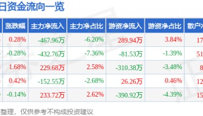 股票行情快报：金陵饭店（601007）5月29日主力资金净卖出467.96万元
