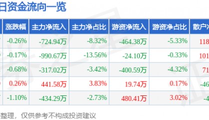 股票行情快报：三江购物（601116）7月29日主力资金净卖出724.94万元