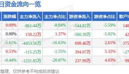 股票行情快报：三江购物（601116）8月8日主力资金净卖出861.44万元