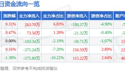 股票行情快报：大连热电（600719）8月20日主力资金净买入263.70万元