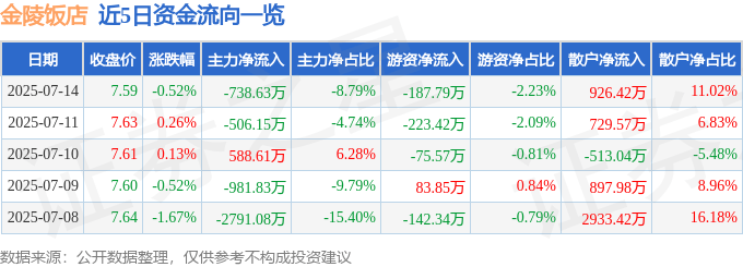 股票行情快报：金陵饭店（601007）7月14日主力资金净卖出738.63万元