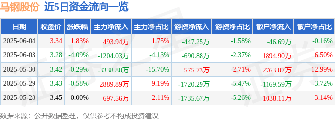股票行情快报：马钢股份（600808）6月4日主力资金净买入493.94万元