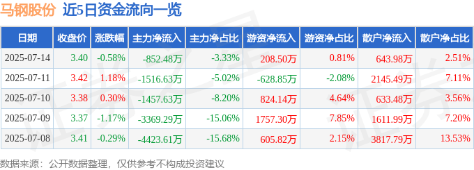 股票行情快报：马钢股份（600808）7月14日主力资金净卖出852.48万元