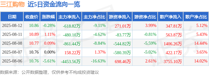 股票行情快报:三江购物(601116)8月12日主力资金净卖出618.82万元